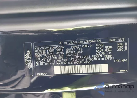 2021 Volvo Xc90 T6 Inscription 7 Passenger from USA, damaged, VIN YV4A22PL8M1770292